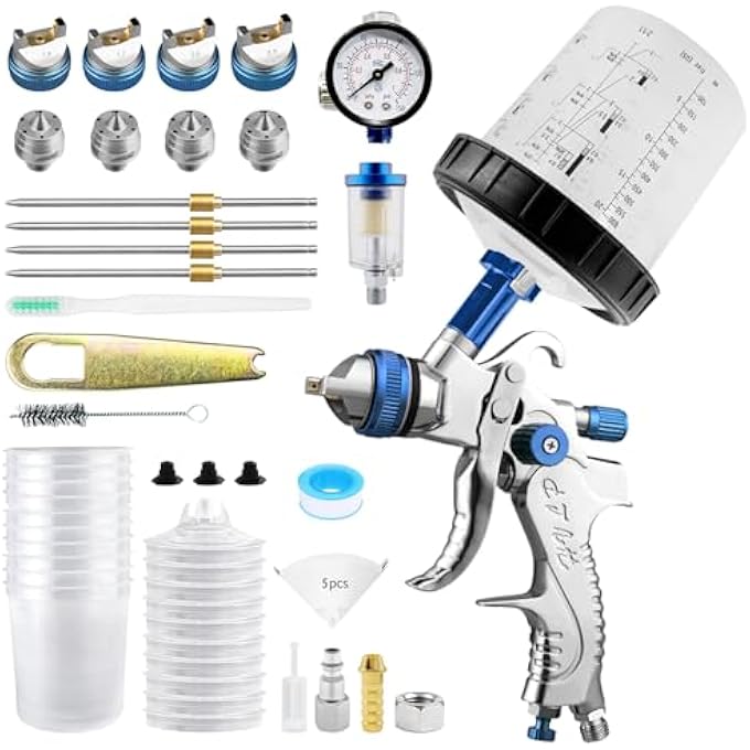 RRJ HVLP SPRAY GUN KIT, 650ML MIXING CUP& 10X DISPOSABLE CUPS AND LIDS, PAINT GUN AUTOMOTIVE WITH 1.4/1.7/2.0/2.5MM NOZZLES, PAINT GUNS FOR HOUSE PAINTING, CAR, FURNITURE, FENCE, DIY - Image 1